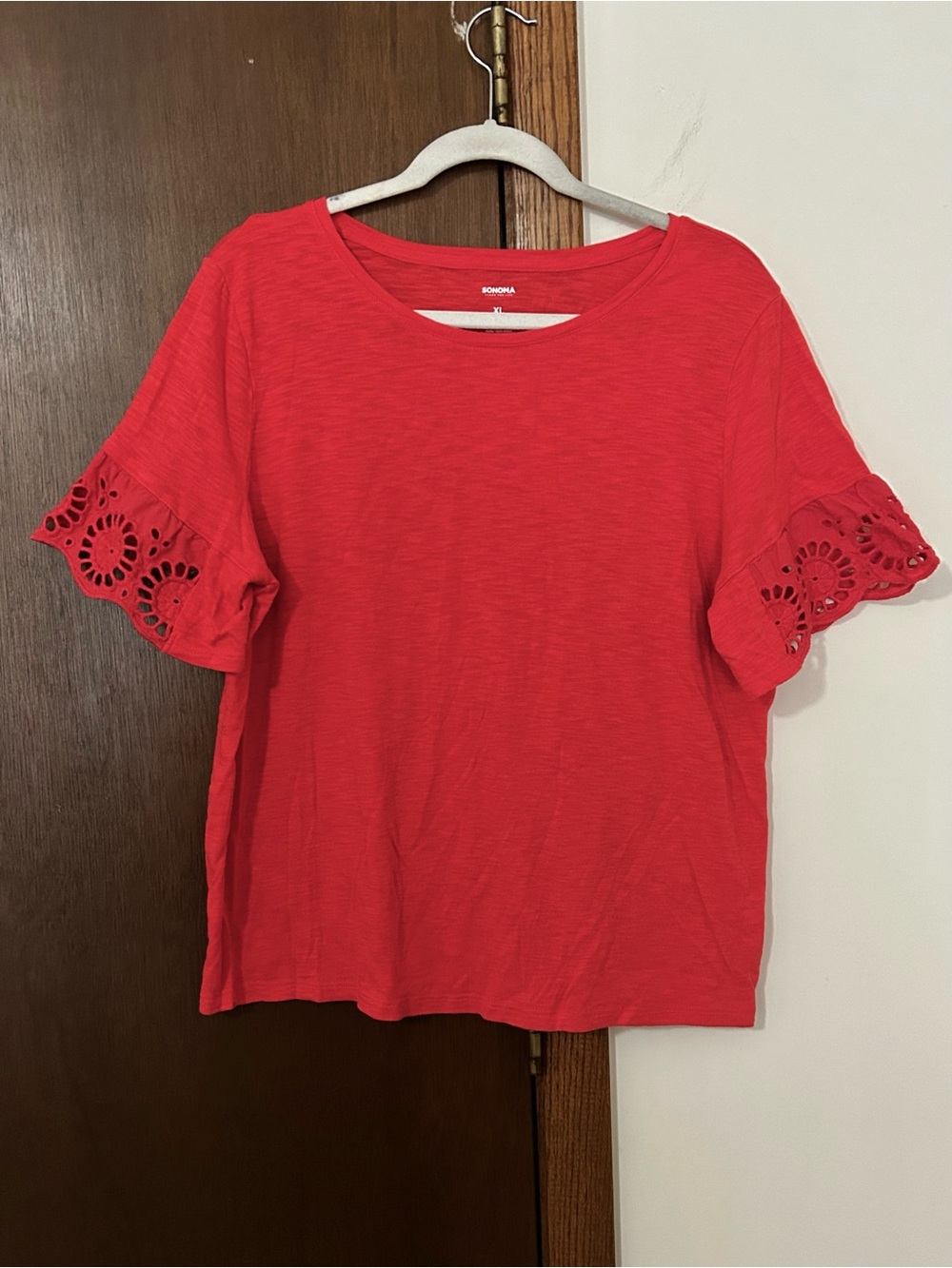 Sonoma Red Short Sleeve Top with Eyelet Ruffle Sleeves